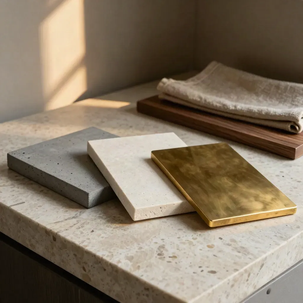 Condo material samples on travertine plinth in warm afternoon light