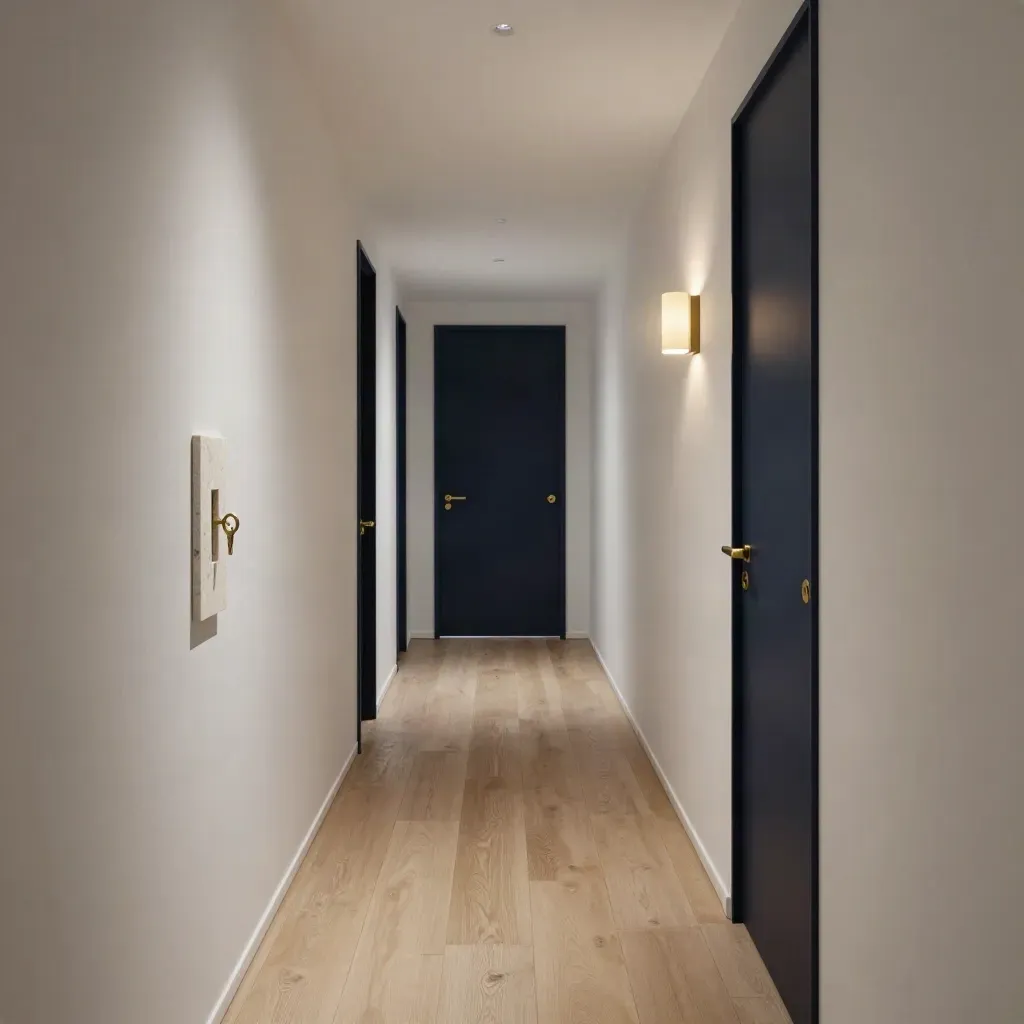 Quiet condo corridor with one glowing door light and keys resting on a tray.