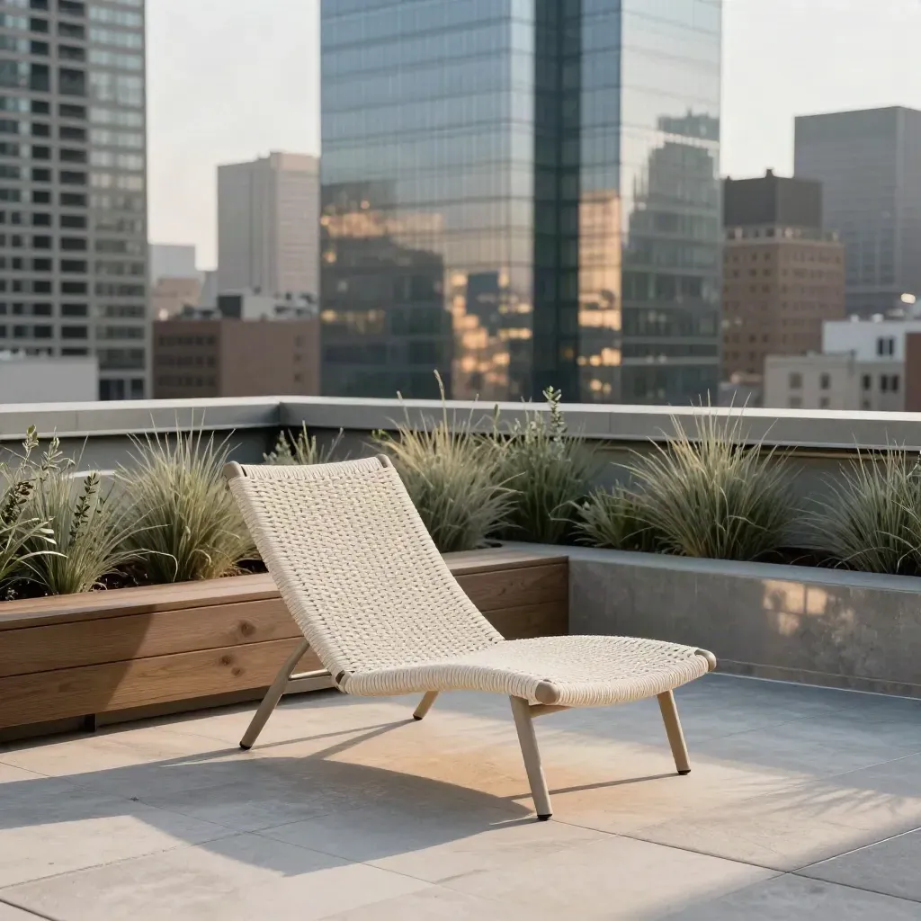 Rooftop lounge chair and planter beside gym glass reflections over a parking deck edge