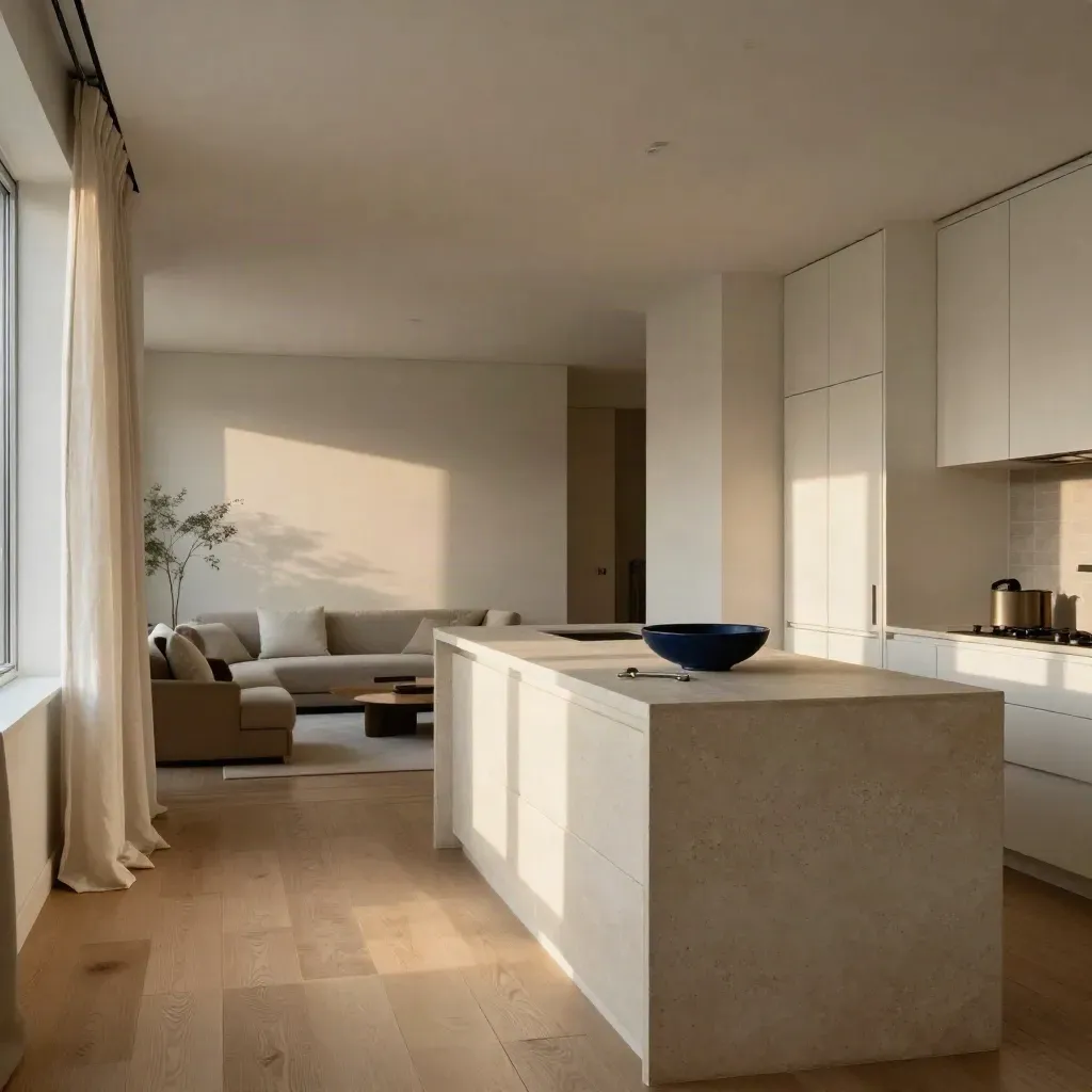 Empty Annex condo kitchen and living room with keys on the island, warm light, navy accent
