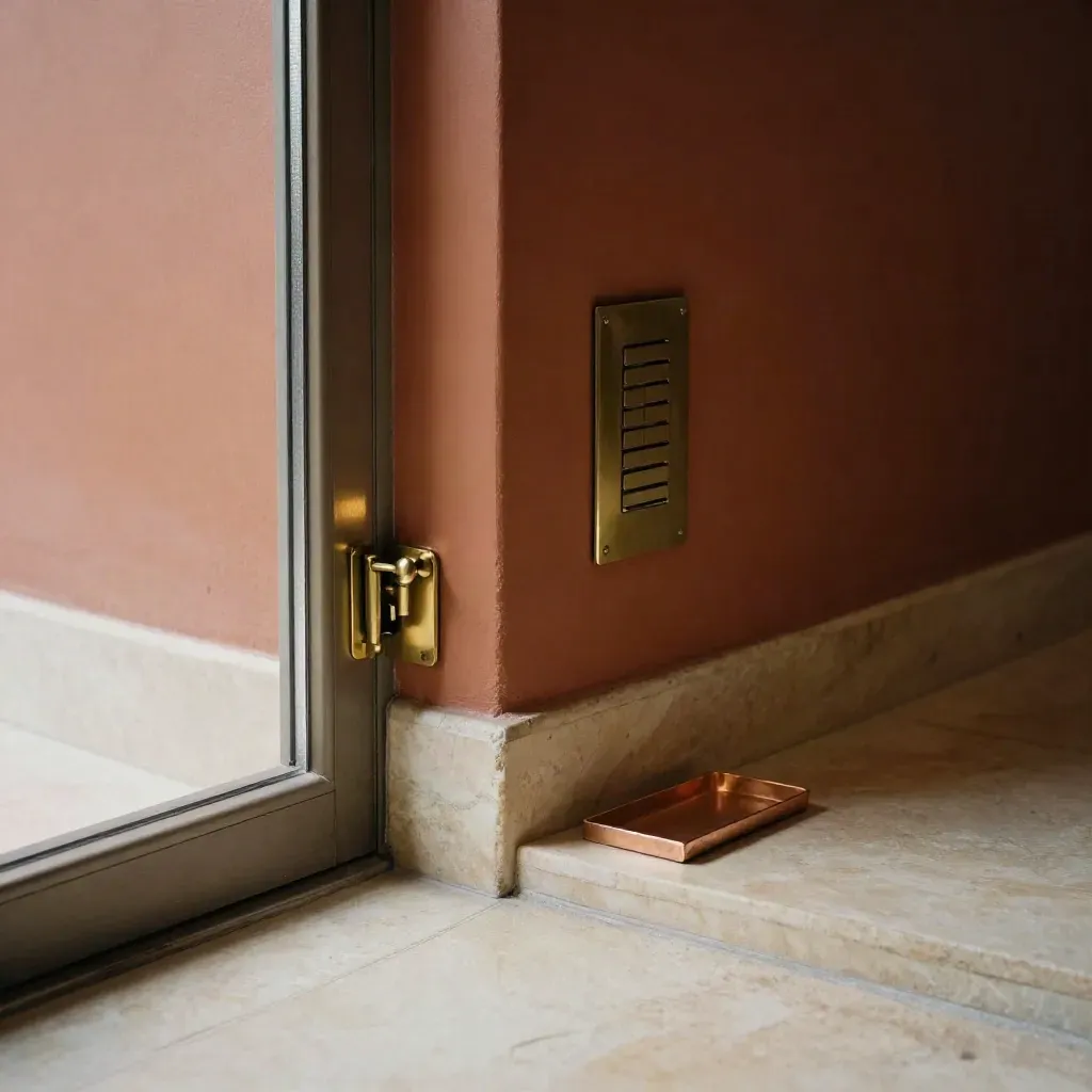 Open condo threshold with brass lockset, copper key tray, and intercom plate in moody light.
