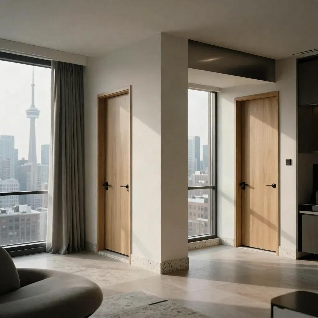 Finished two-bedroom corner condo with twin doors, wide glazing, and hazy city views.