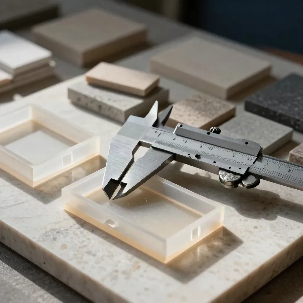Macro of condo model shells, caliper, and stone samples on travertine.
