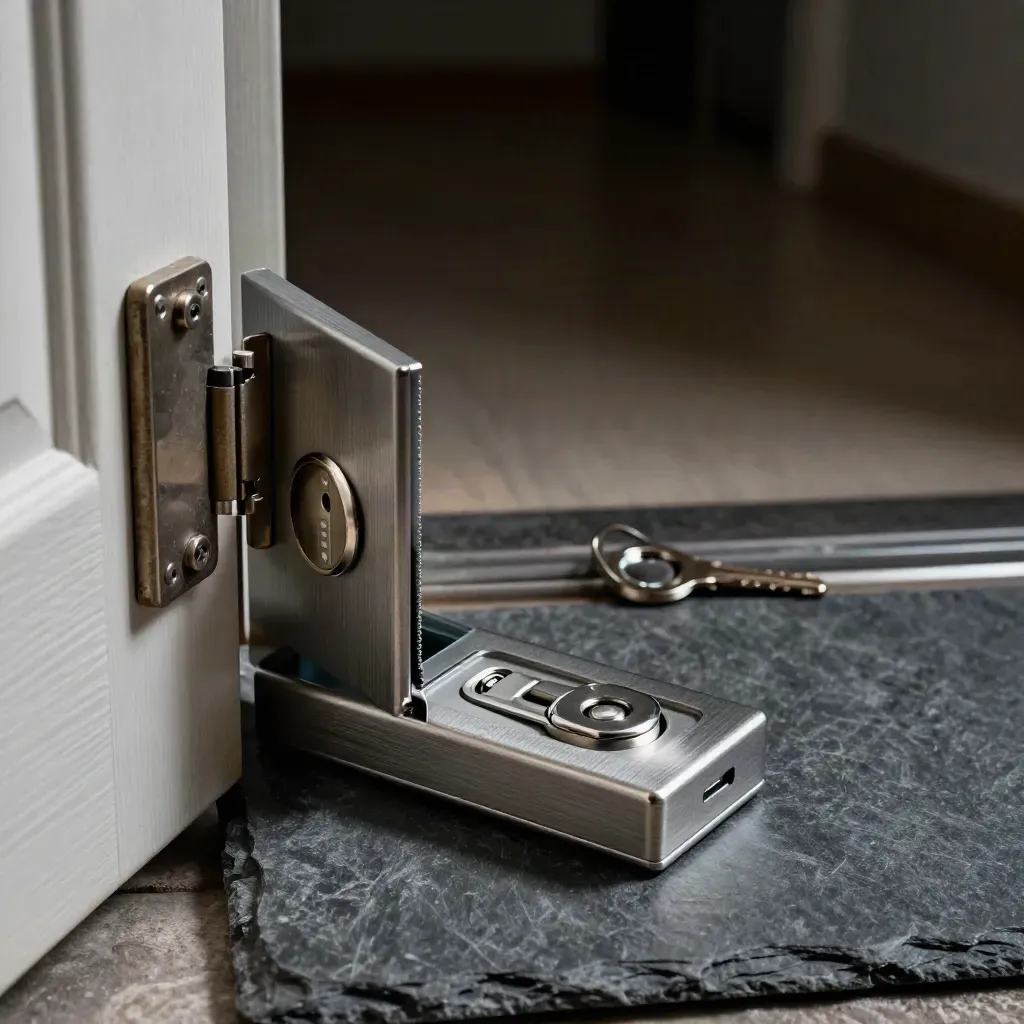Open key safe, spare fobs and latch plate on brushed slate, lit by cool raking light.