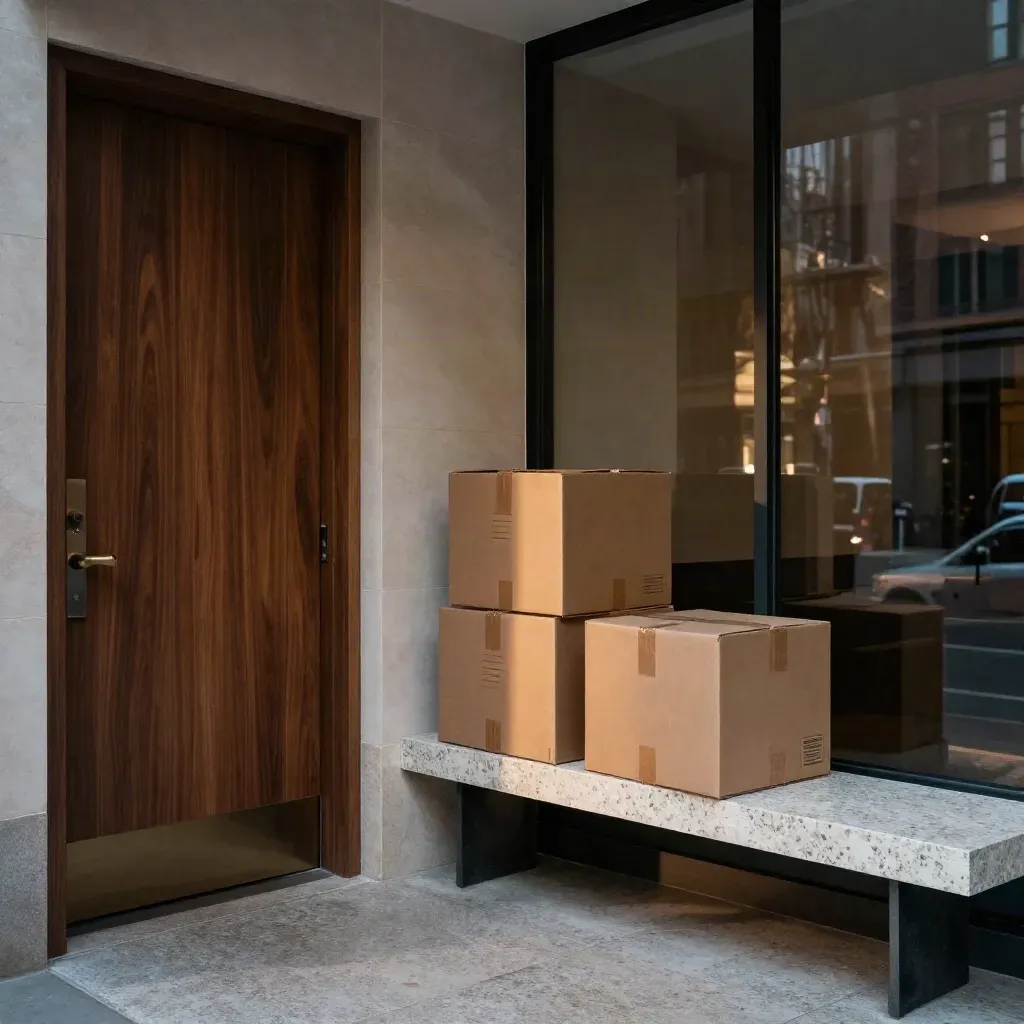Stacked moving boxes in a condo foyer beside a closed door, with city reflections in glass