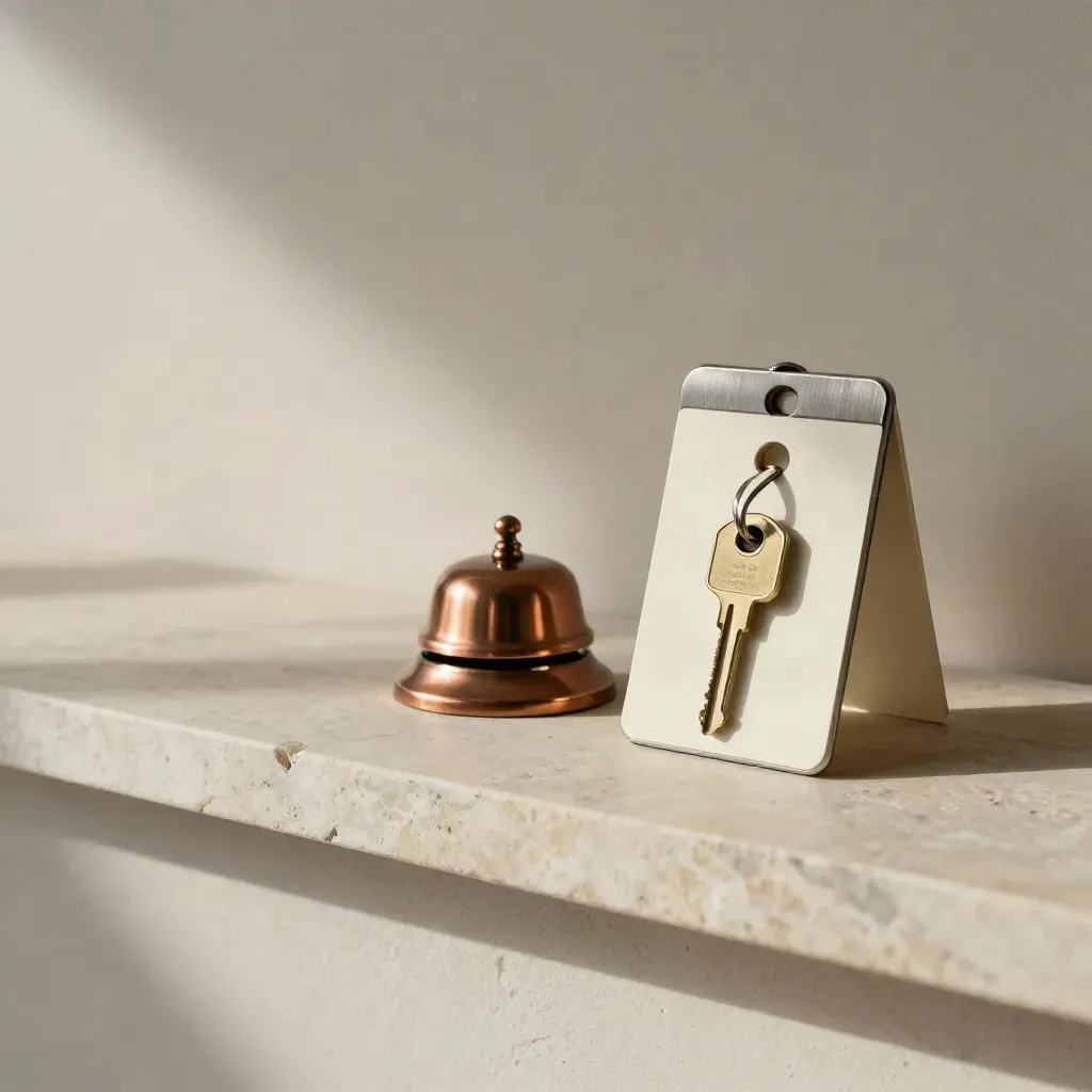 Condo key card, spare key, and entry bell on pale stone in soft light.
