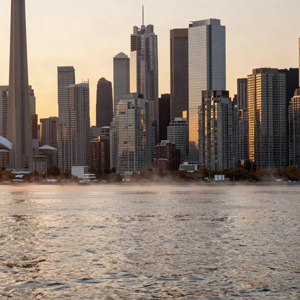 Toronto skyline over calm waterfront at golden hour, towers fading into mist.