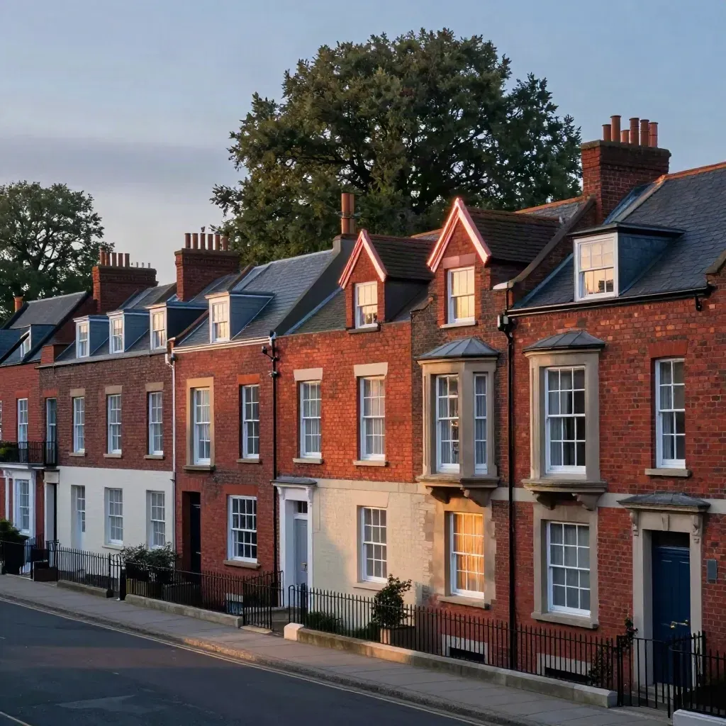Elevated Annex streetscape with brick semis, glowing windows, maple canopy, and hazy blue-hour calm.