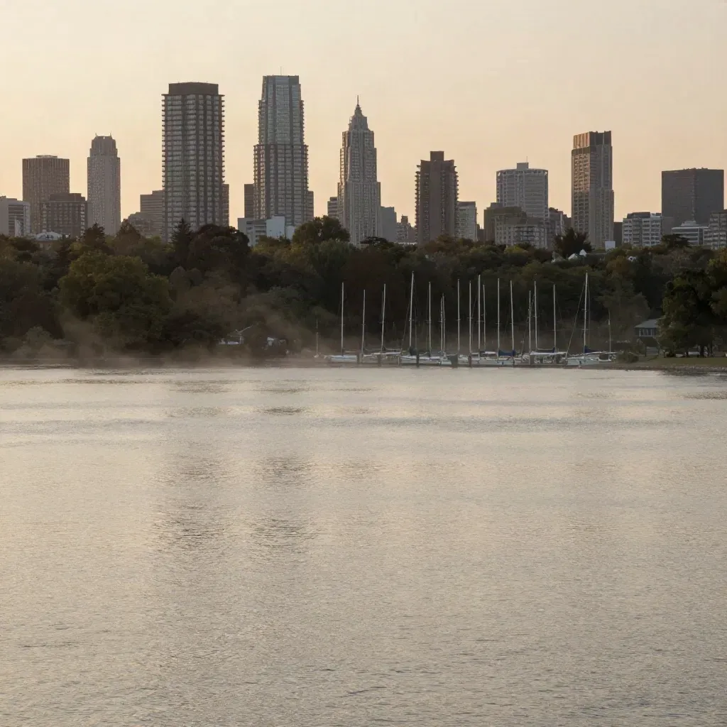 Distant West GTA shoreline towers and marina masts glowing over hazy lake water at evening